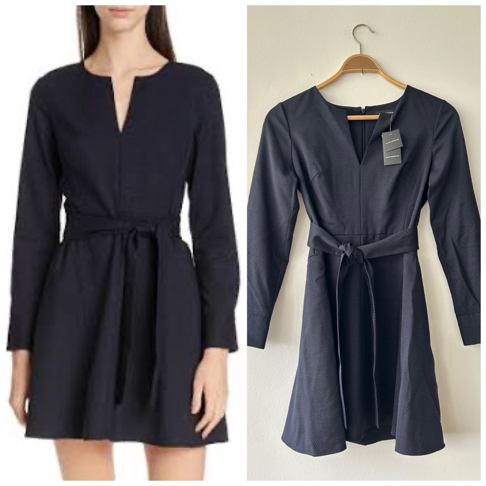 $198 NWT Club Monaco Kasca Wool BlendNavy Pin Dot Suiting V-Neck Dress SZ 2